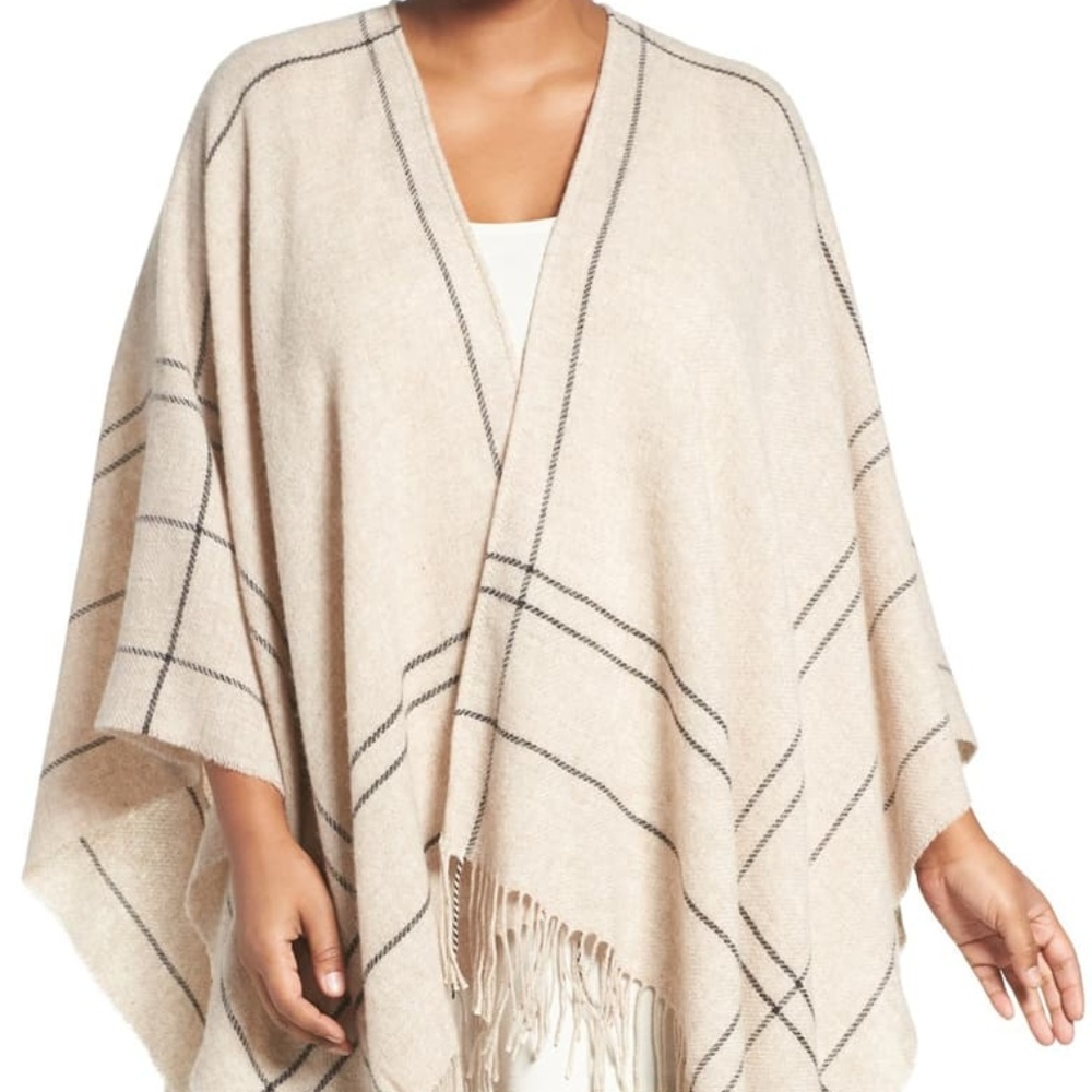 EILEEN FISHER Wool Check Fringe Sweater Wrap NWOT